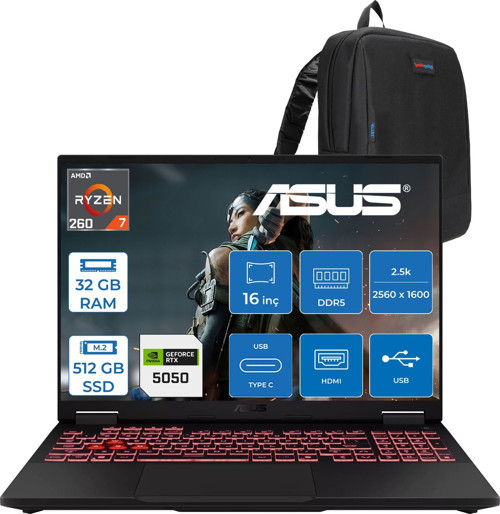 Tuf Gaming A16 FA608UH Ryzen 7 260 Aı 32GB Ddr5 512GB SSD 16-Inch 8GB/RTX5050 115W, 1920 x 1200, Wuxga SRGB:100% 165Hz 3ms IPS Freedos Gaming Laptop ZRV099WF09+ZETTAÇANTA