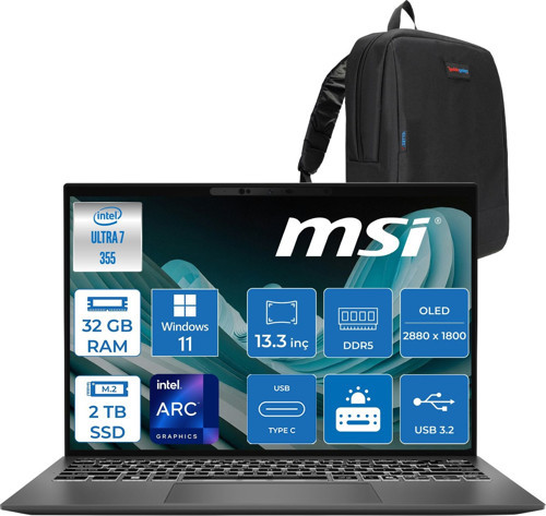 Msı Prestıge 13 Aı+ Intel Ultra 7 355 32GB Ram 2tb SSD Windows 11 Pro 13.3" 2.8k (2880 x 1800) OLED Laptop A3MG039TRP04 + Zetta Çanta