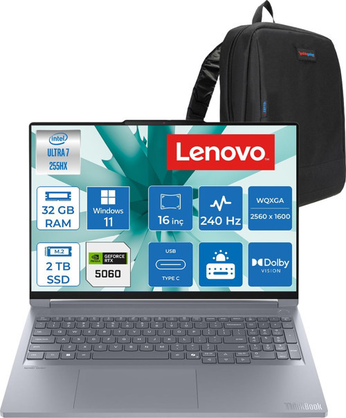 Thinkbook 16P Iax Intel Core Ultra 7 255HX 32GB Ddr5 Ram 2tb SSD RTX5060 8gb 115W Windows 11 Pro 16" Wqxga (2560X1600) IPS 500NITS 240Hz Laptop T21R0001LTXP15 + Zetta Çanta