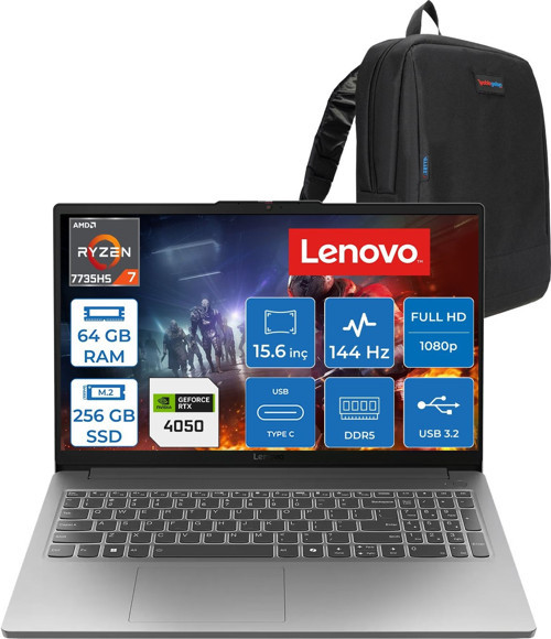 Loq 15ARP10E Amd Ryzen™ 7 7735HS 64GB Ddr5 256GB SSD Rtx™ 4050/6GB 65W 15.6" Fhd (1920X1080) IPS 300NITS 144Hz Freedos Gaming Bilgisayar 83S00030TRF21+ZETTAÇANTA