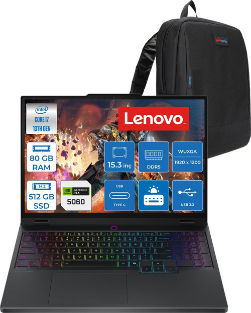 Legion 5 15IRX10 Intel Core I7-13650HX 80GB 512GB SSD 8GB/RTX5060/115W 15.3" Wuxga IPS 300NITS 100% Srgb 165Hz Windows 11 Pro Gaming Bilgisayar L83LY00PYTRP25 + Zettaçanta