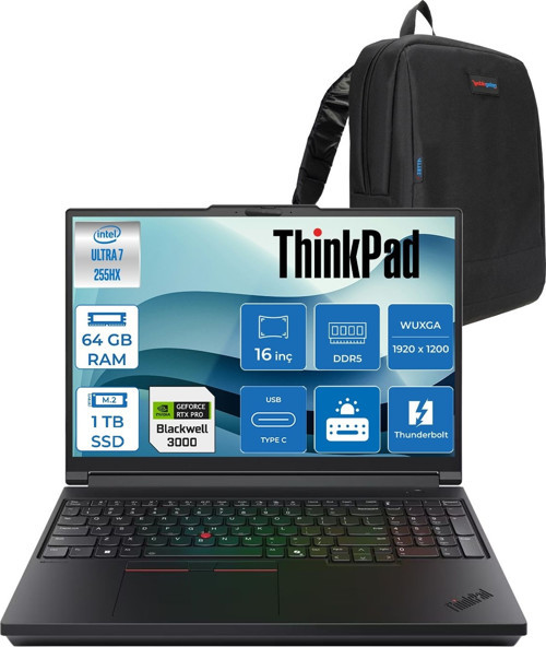 Nbw P16 G3 Ultra 7 255HX Ddr5 64GB 1tb SSD 12GB/RTXPRO3000 Gddr7 16" Wuxga IPS 500NITS 100% Srgb Freedos Kurumsal Iş Bilgisayarı 21RQ0007TXF22 + Zettaçanta