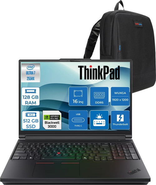 Nbw P16 G3 Ultra 7 255HX Ddr5 128GB 512GB SSD 12GB/RTXPRO3000 Gddr7 16" Wuxga IPS 500NITS 100% Srgb Windows 11 Pro Kurumsal Iş Bilgisayarı 21RQ0007TXP41 + Zettaçanta