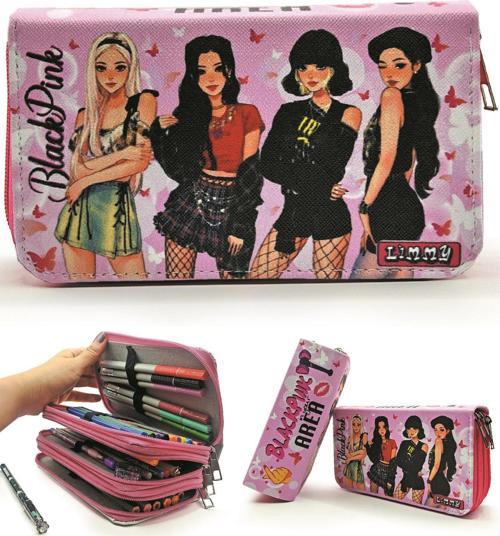 Kalem Kutusu Black Pink Blackpink Organizer Kalemkutu Vegan Deri Üç Bölmeli Kalemlik-Pembe