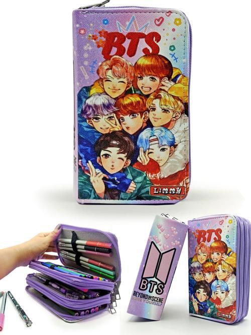 Kalem Kutusu BTS Desenli Kpop Organizer Kalemkutu Vegan Deri Üç Bölmeli Kalemlik