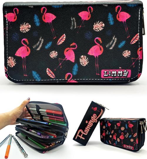 Kalem Kutusu Flamingo Siyah Kawai Organizer Kalemkutu Vegan Deri Üç Bölmeli Kalemlik Siyah