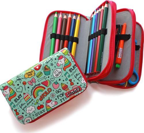 Kalem Kutusu Gökkuşağı Unicorn Kawai Organizer Kalemkutu Vegan Deri Üç Bölmeli Kalemlik -Pembe