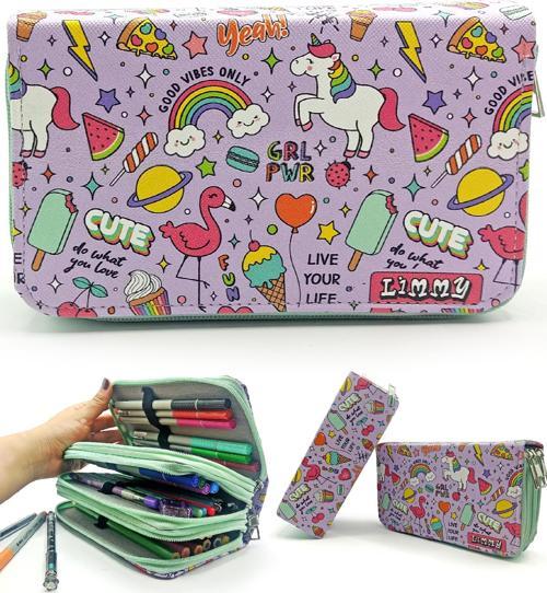 Kalem Kutusu Unicorn-Flamingo Kawai Organizer Kalemkutu Vegan Deri Üç Bölmeli Kalemlik - Yeşil
