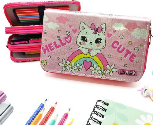 Simli Işıltılı Kitty Hello Cute Kalem Kutusu Vegan Deri Kalemkutu Üç Bölmeli Kalemlik -Pembe