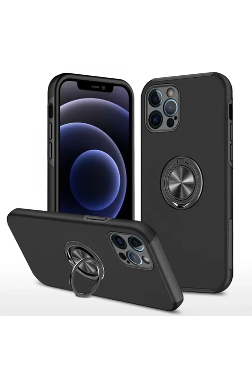 Newface İphone 12 Pro Kılıf Elit Yüzüklü Kapak - Siyah
