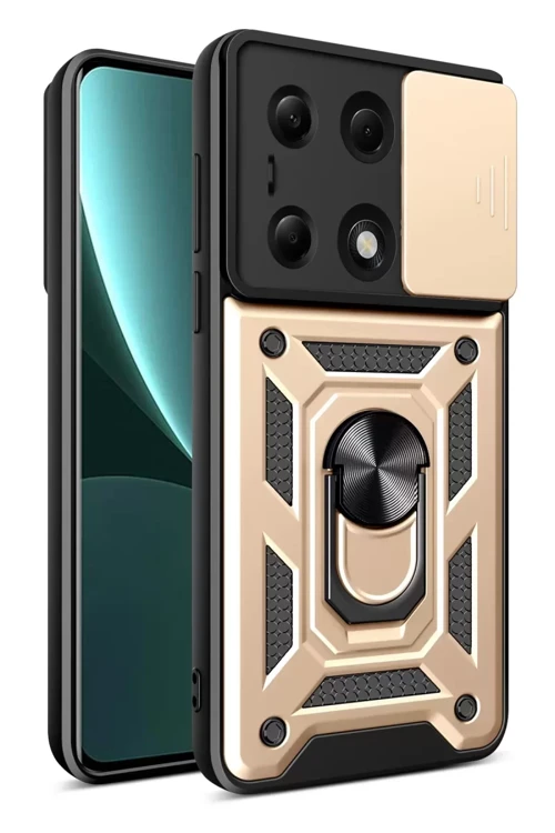Newface Xiaomi Poco M6 Pro 4G Kılıf Pars Lens Yüzüklü Silikon - Gold