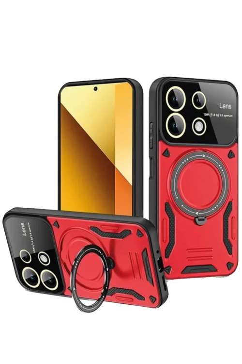 Newface Xiaomi Redmi Note 13 4G Kılıf Joy Lens Standlı Kapak - Kırmızı