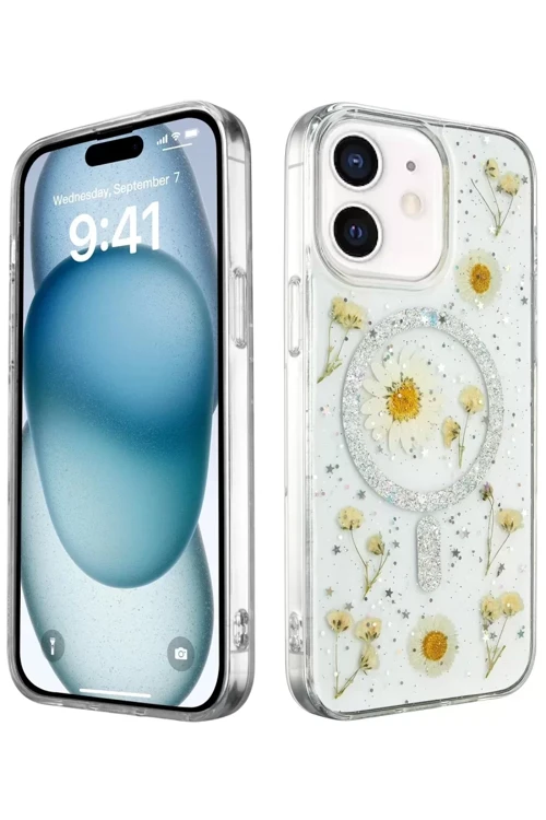Newface İphone 12 Kılıf Daisy Simli Magsafe Kapak - Gümüş