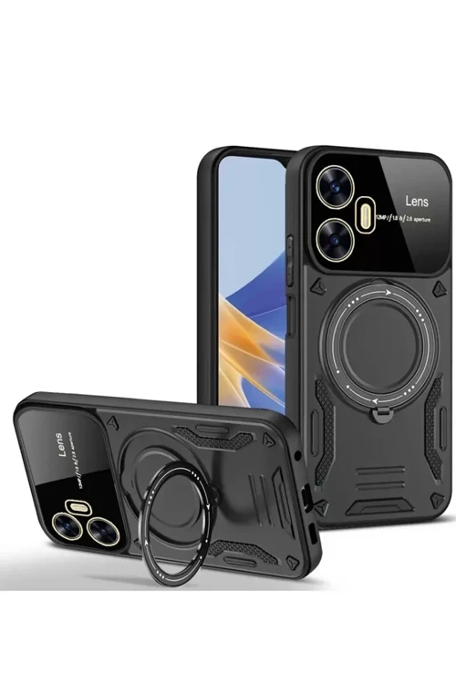 Newface Realme C55 Kılıf Joy Lens Standlı Kapak - Siyah