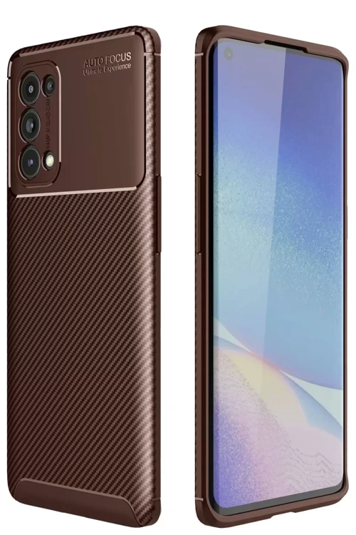 Newface Oppo Reno 5 Pro Kılıf Auto Focus Karbon Kapak - Kahverengi