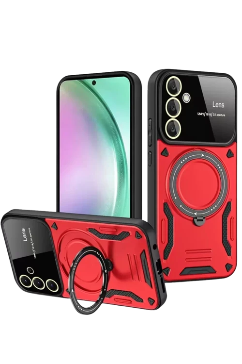 Newface Samsung Galaxy S24 Fe Kılıf Joy Lens Standlı Kapak - Kırmızı