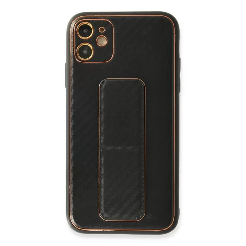İphone 12 Kılıf Coco Karbon Standlı Kapak - Siyah