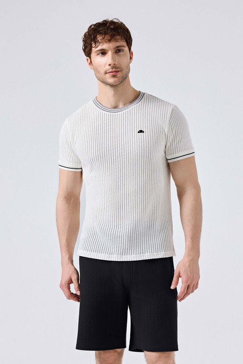 % 100 Pamuk Regular Fit Bisiklet Yaka Triko Erkek T Shirt 6SM5046-OF BEYAZ