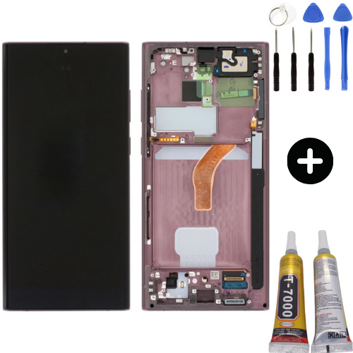 Samsung Galaxy S22 Ultra Sm-S908 Uyumlu Çıtalı Hk Lcd Ekran Dokunmatik Kırmızı + Montaj Seti