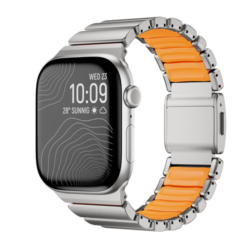 Apple Watch 42Mm Uyumlu Kordon Premium Titanyum Kasa Silikon İç Kısım Tasarım Gri-Turuncu