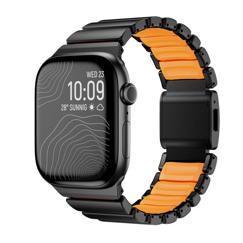 Apple Watch 44Mm Uyumlu Kordon Premium Titanyum Kasa Silikon İç Kısım Tasarım Siyah-Turuncu