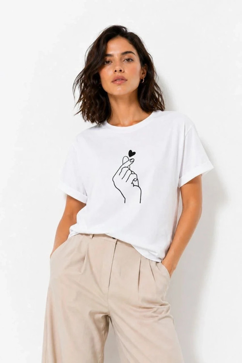 Kadın Kore Parmak Kalp Aşk Temalı Minimal Baskılı Tişört Yazlık Kısa Kol T-Shirt - Beyaz
