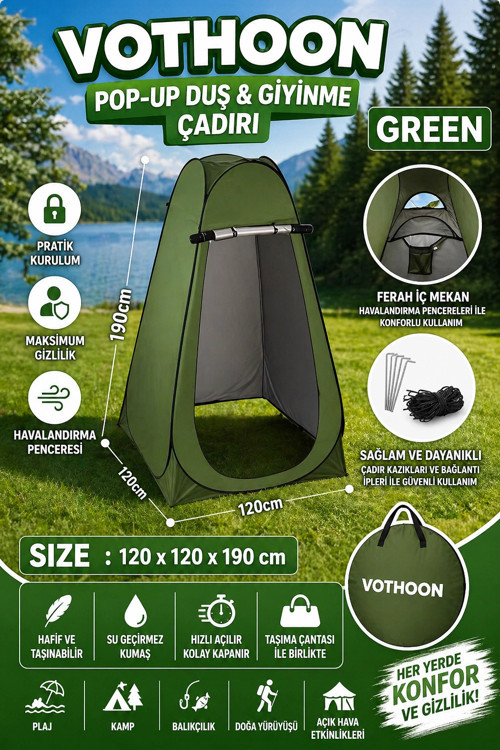 Otomatik Kabin Giyinme Çadırı 120x120x190 cm Üst Havalandırma Yan Pencereli Duş & WC Çadırı