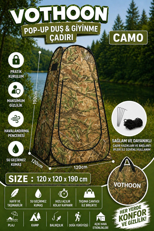 Otomatik Kabin Giyinme Çadırı 120x120x190 cm Üst Havalandırma Yan Pencereli Duş & WC Çadırı