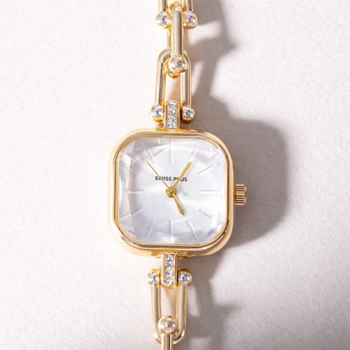 Swiss Plus Kadın Kol Saati - Gold Renk Zincir Kordon - 23mm Kare Kasa Mücevher Tasarım - Şık ve Minimalist - Model-7 ST0227KBL Gold