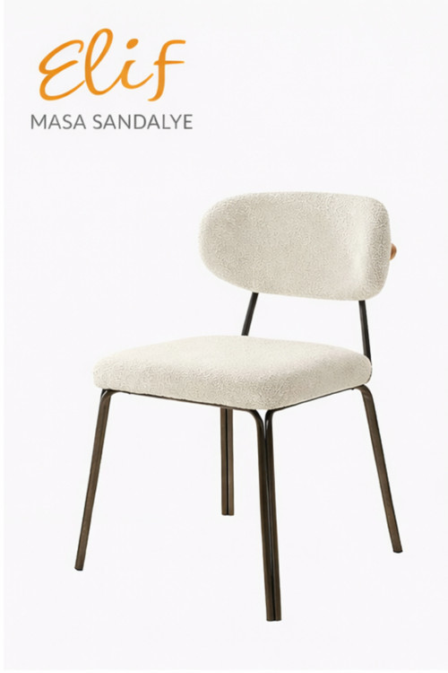 Duru Sandalye | Krem Bukle Kumaş Ahşap Detaylı Modern Metal Ayaklı Yemek Sandalyesi