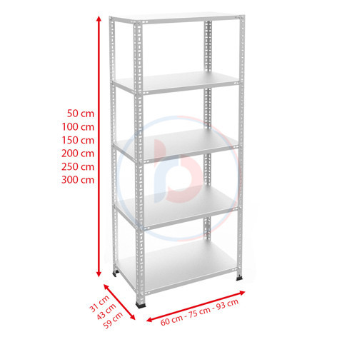 5 Katlı Galvaniz Çelik Raf - Depo, Arşiv, Kiler, Dosya, Market Rafı 59x60 cm-150 cm-1.00 mm
