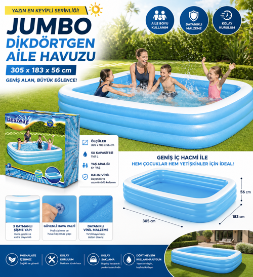 Jumbo Aile Havuzu 305x183x56 cm Şişme Dikdörtgen Bahçe Havuzu Geniş ve Dayanıklı Tasarım
