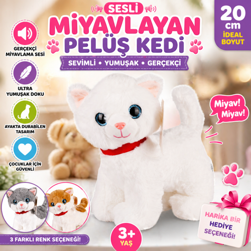 Sesli Miyavlayan Peluş Kedi 20 cm Yumuşak Sevimli Ayakta İnteraktif Oyuncak