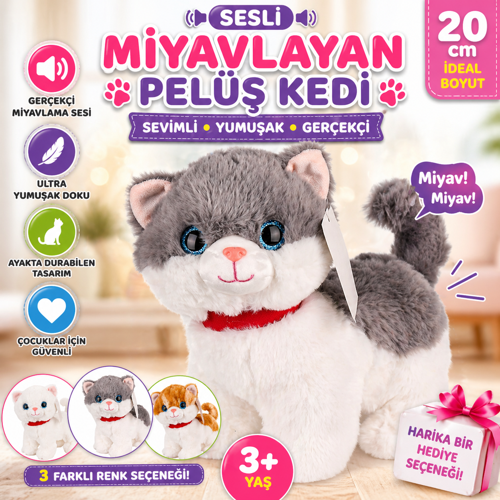 Sesli Miyavlayan Peluş Kedi 20 cm Yumuşak Sevimli Ayakta İnteraktif Oyuncak