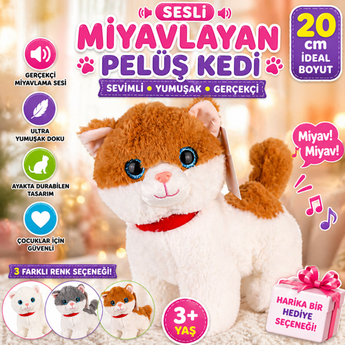 Sesli Miyavlayan Peluş Kedi 20 cm Yumuşak Sevimli Ayakta İnteraktif Oyuncak