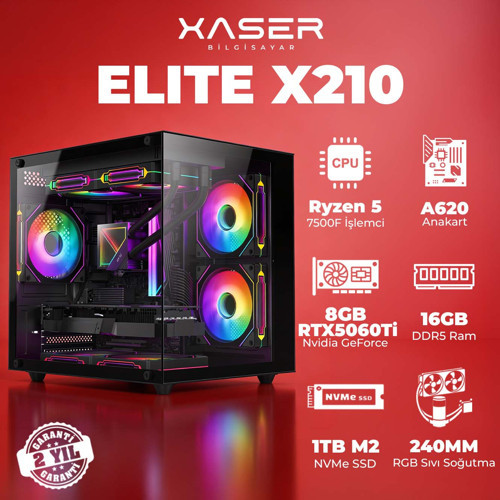 Elite X210 Ryzen 5 7500F 16GB DDR5 Ram 1TB M.2 NVMe SSD 8GB RTX5060 Ti Masaüstü Oyuncu Bilgisayarı