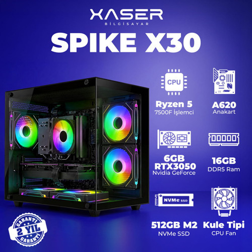 Spike X30 Ryzen 5 7500F 16GB DDR5 Ram 1TB M.2 NVMe SSD 6GB RTX3050 Masaüstü Oyuncu Bilgisayarı