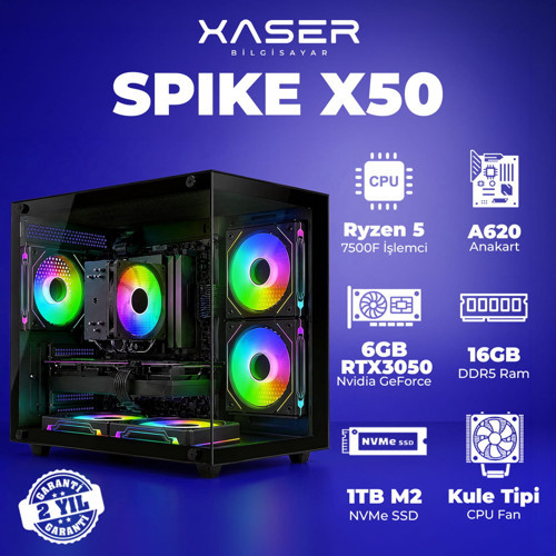 Spike X50 Ryzen 5 7500F 16GB DDR5 Ram 1TB M.2 NVMe SSD 6GB RTX3050 Masaüstü Oyuncu Bilgisayarı
