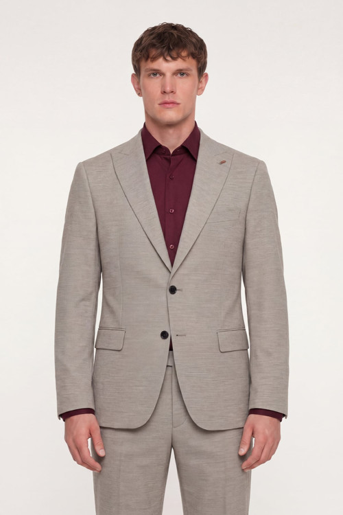 Erkek Bej Dar Kesim Slim Fit Viskon Klasik Yaka 6 Drop Takım Elbise