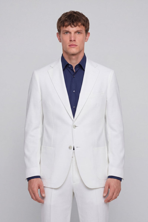 Erkek Beyaz Dar Kesim Slim Fit Viskon Torba Cep Klasik Yaka Takım Elbise