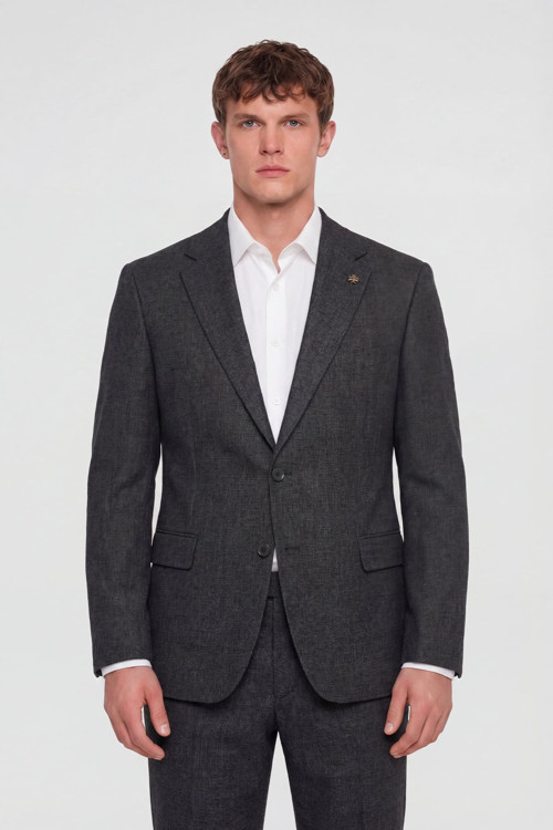 Erkek Siyah Dar Kesim Slim Fit Viskon Fleto Kapaklı Cep Klasik Yaka 4 Drop Takım Elbise