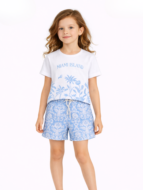 Çiçek Baskılı Mavi Şort & T-shirt Takım