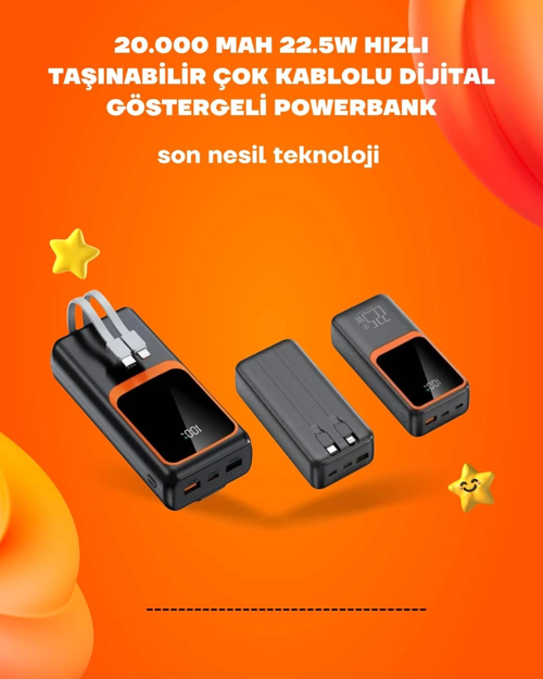 Mey İthalat® 20000 Mah | 22.5W Hızlı Şarj, Dahili Kablolu, Lcd Ekranlı Şarj