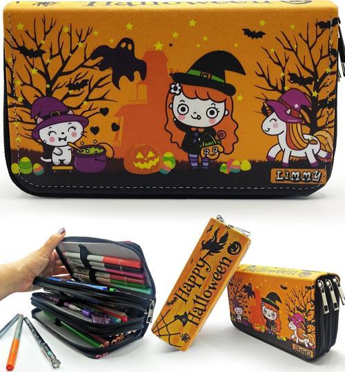 Kalem Kutusu Halloween Sevimli Cadı Kawai Organizer Vegan Deri Üç Bölmeli Kalemlik