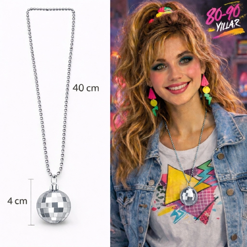 Retro Disko Topu Şekilli 8039Ler 9039Lar Gümüş Renk Plastik Kolye