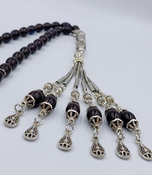 ALPAKA PÜSKÜL SİYAH LACİVERT ARPA KESİM ATEŞ KEHRİBAR TESPİH