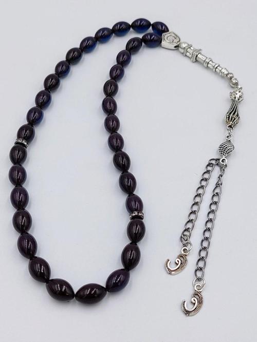 ARPA KESİM SİYAH/MAVİ ÇİFT ALPAKA PÜSKÜLLÜ ATEŞ KEHRİBAR TESPİH