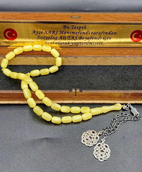 KAPSÜL KESİM BEYRUT SARISI ÇİFT ALPAKA PÜSKÜLLÜ KEHRİBAR TESPİH