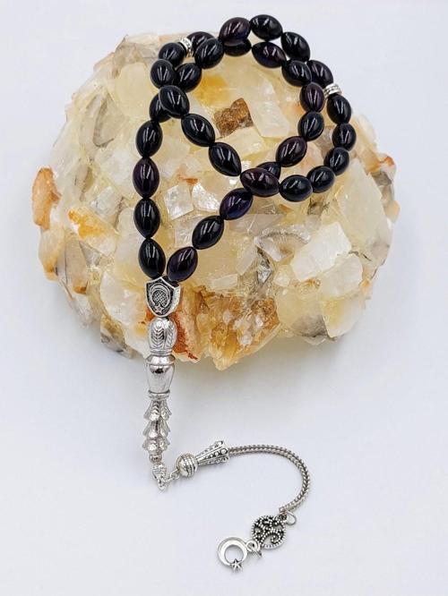 SİYAH-MAVİ ARPA KESİM ALPAKA PÜSKÜLLÜ ATEŞ KEHRİBAR TESPİH