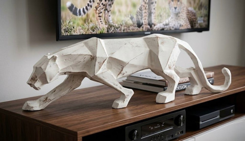 Modern Dekoratif Beyaz Gold Detaylı Leopar Kübik Biblo Heykel – Dekoratif Masa, Şık Salon & Yatak Odası Ofis Dekoru